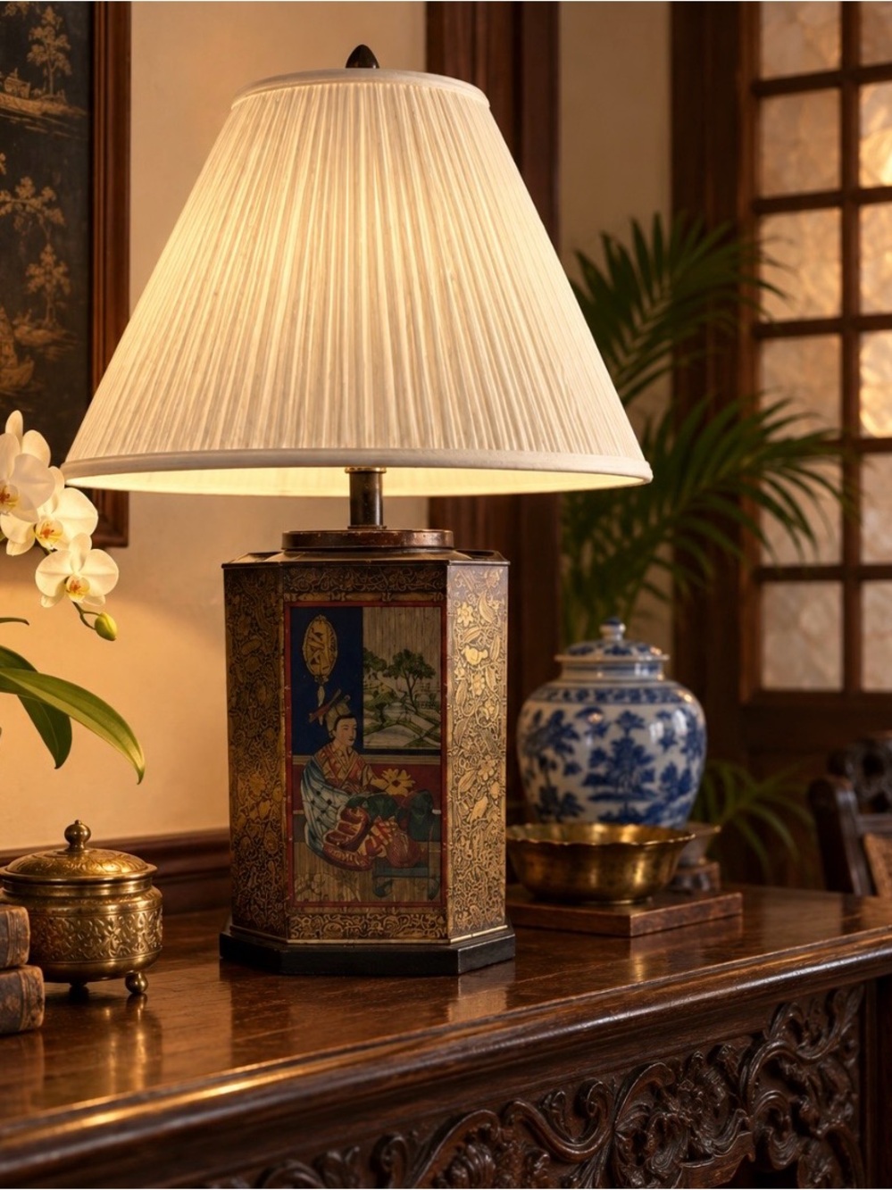 Vintage Frederick Cooper Chinoiserie Painted Tin Table Lamp with Shade